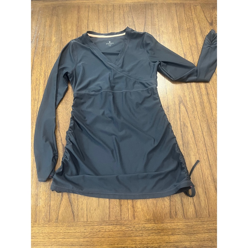 Athleta Ruched Side Long Sleeve Swim Dress Rash Guard Gray Thumbholes S 963951
